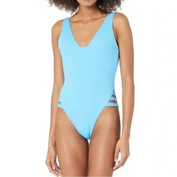 BECCA Rebecca Virtue Sophie Ribbed Strappy One Piece Swimsuit Medium M Blue NWT - Picture 1 of 9